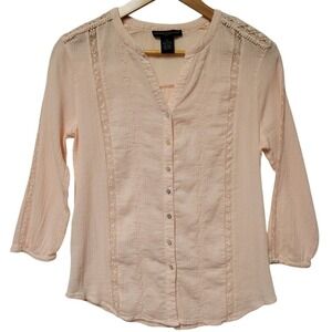 Powder Pink Button Up‎ Shirt Boho Coastal Grandma Beachy Coquette Cottage Sz PS